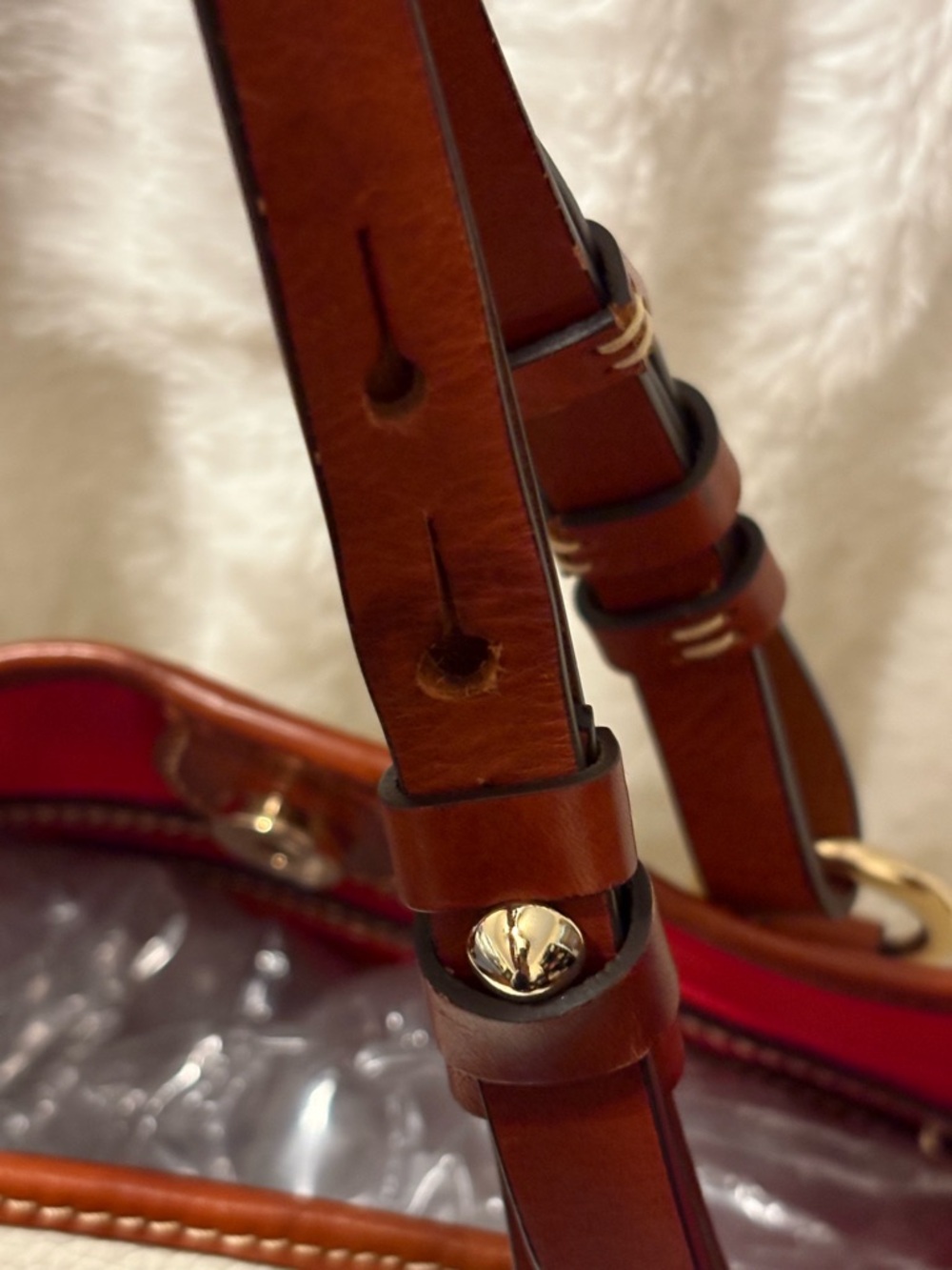 Dooney & Bourke Cream Tote with Brown Trim and Red Interior - Picture 2 of 8